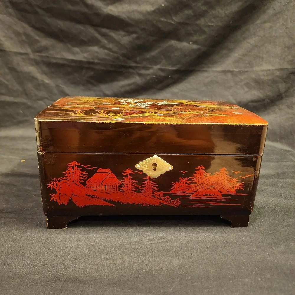 Vintage Japanese Black Lacquered Music Jewelry Box Mother Of Pearl Painted Works
